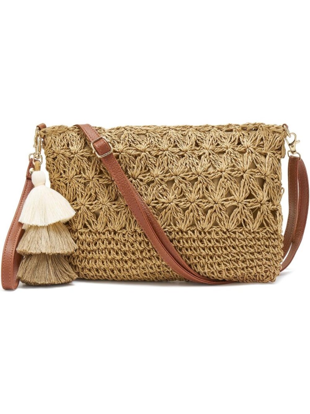 Women Brown Summer Straw Envelope Clutch Elegant Beach Crossbody Shoulder Bag